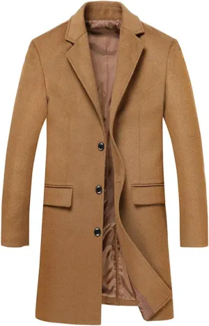 ebossy Men's Single Breasted Cashmere Wool Overcoat Mid Length Trench Top Coat