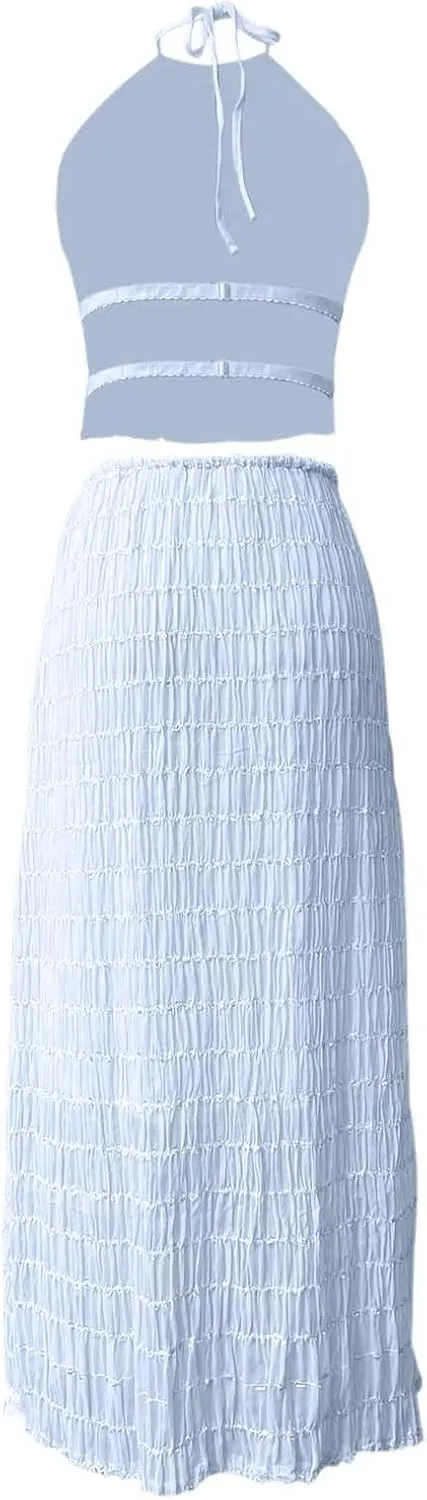 Elegant Chiffon Pleated Maxi Skirt Set with Neck Crop Top and Wooden Bead for Women Plus Size Prom Dress