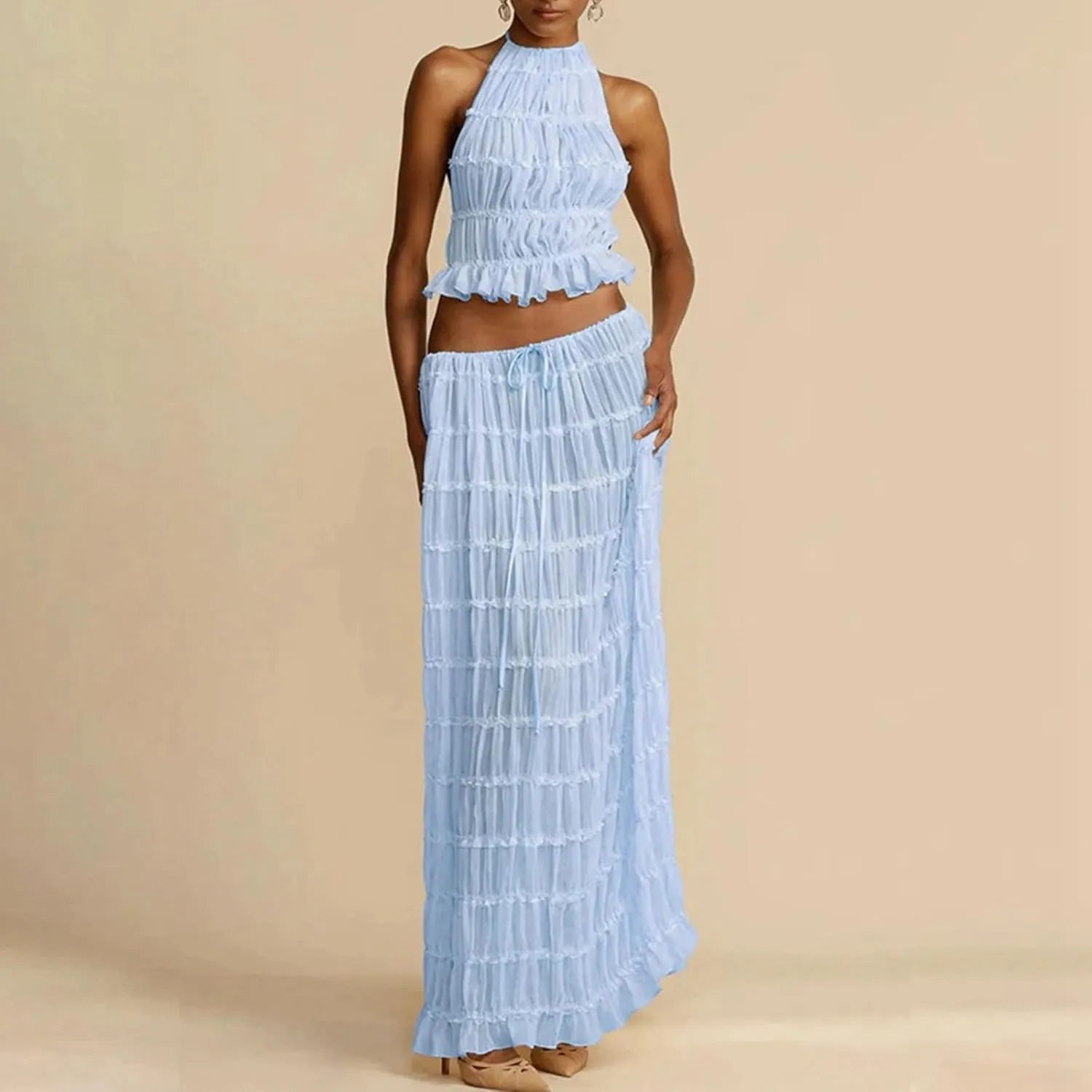 Elegant Chiffon Pleated Maxi Skirt Set with Neck Crop Top and Wooden Bead for Women Plus Size Prom Dress