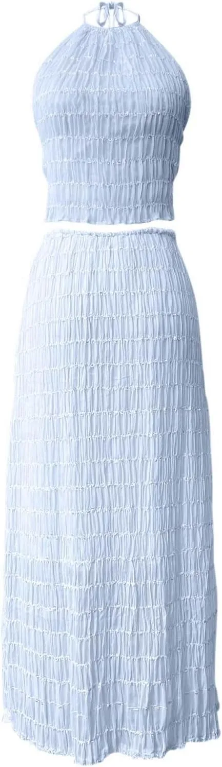 Elegant Chiffon Pleated Maxi Skirt Set with Neck Crop Top and Wooden Bead for Women Plus Size Prom Dress