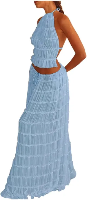 Elegant Chiffon Pleated Maxi Skirt Set with Neck Crop Top and Wooden Bead for Women Plus Size Prom Dress