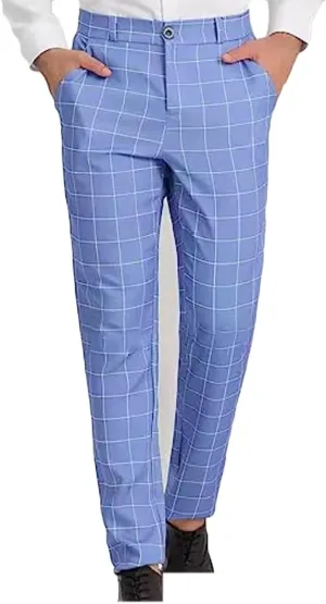 Fashion Plaid Printed Suit Trousers Men Slim Fit Button Zipper Dress Pants Casual Straight Leg Pants with Pockets