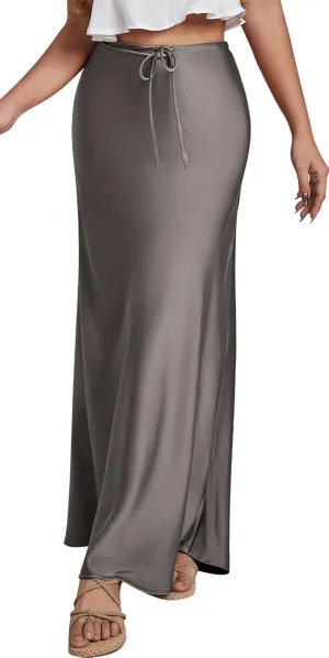 FEOYA Womens Satin Silky Maxi Skirt High Waist A Line Elegant Flowy Mermaid Hem Drawstring Wedding Party Club Spring Skirt