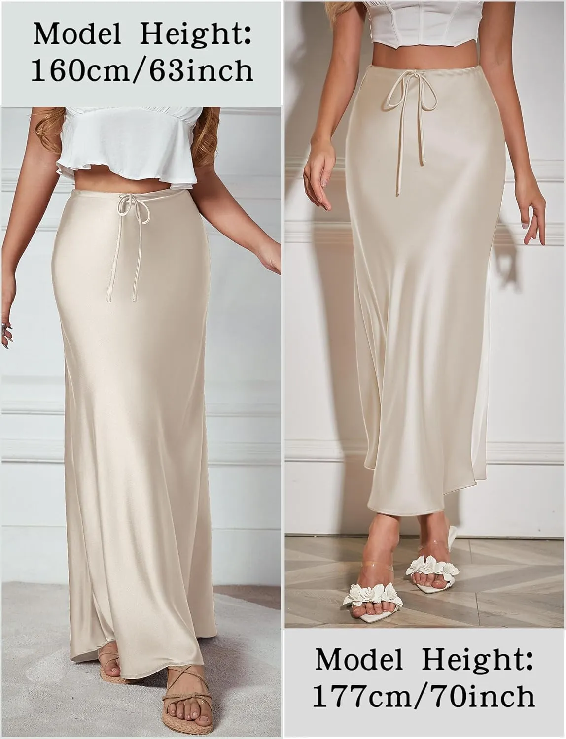 FEOYA Womens Satin Silky Maxi Skirt High Waist A Line Elegant Flowy Mermaid Hem Drawstring Wedding Party Club Spring Skirt