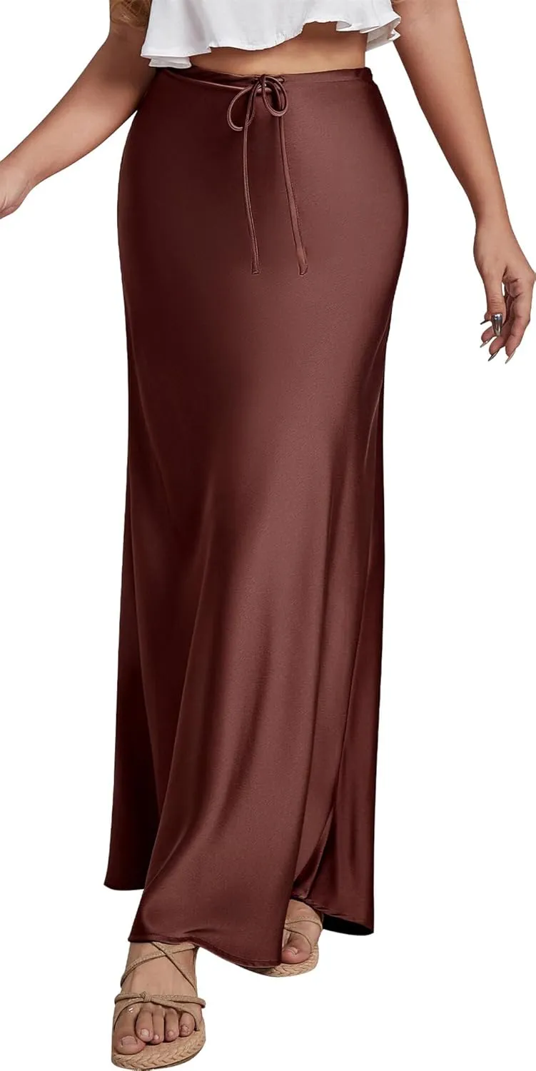FEOYA Womens Satin Silky Maxi Skirt High Waist A Line Elegant Flowy Mermaid Hem Drawstring Wedding Party Club Spring Skirt