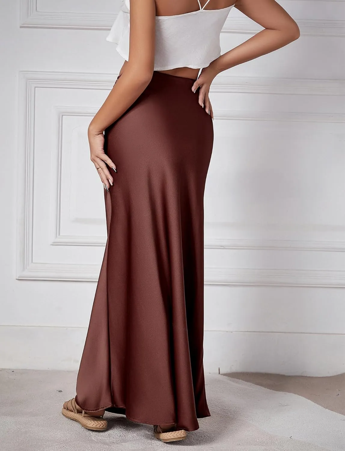 FEOYA Womens Satin Silky Maxi Skirt High Waist A Line Elegant Flowy Mermaid Hem Drawstring Wedding Party Club Spring Skirt