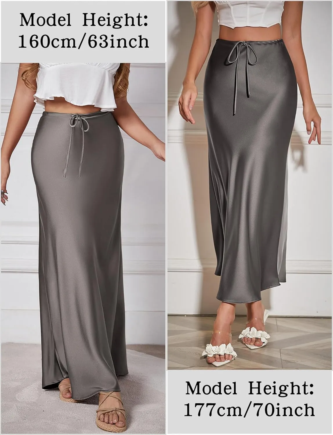 FEOYA Womens Satin Silky Maxi Skirt High Waist A Line Elegant Flowy Mermaid Hem Drawstring Wedding Party Club Spring Skirt