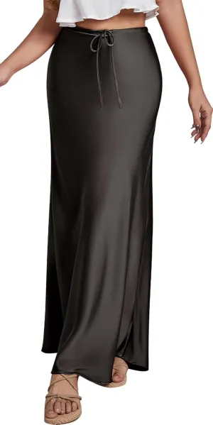 FEOYA Womens Satin Silky Maxi Skirt High Waist A Line Elegant Flowy Mermaid Hem Drawstring Wedding Party Club Spring Skirt