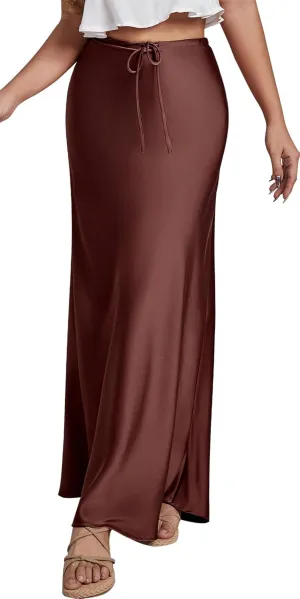 FEOYA Womens Satin Silky Maxi Skirt High Waist A Line Elegant Flowy Mermaid Hem Drawstring Wedding Party Club Spring Skirt