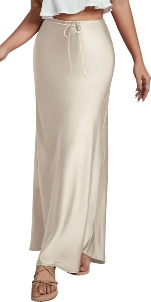 FEOYA Womens Satin Silky Maxi Skirt High Waist A Line Elegant Flowy Mermaid Hem Drawstring Wedding Party Club Spring Skirt