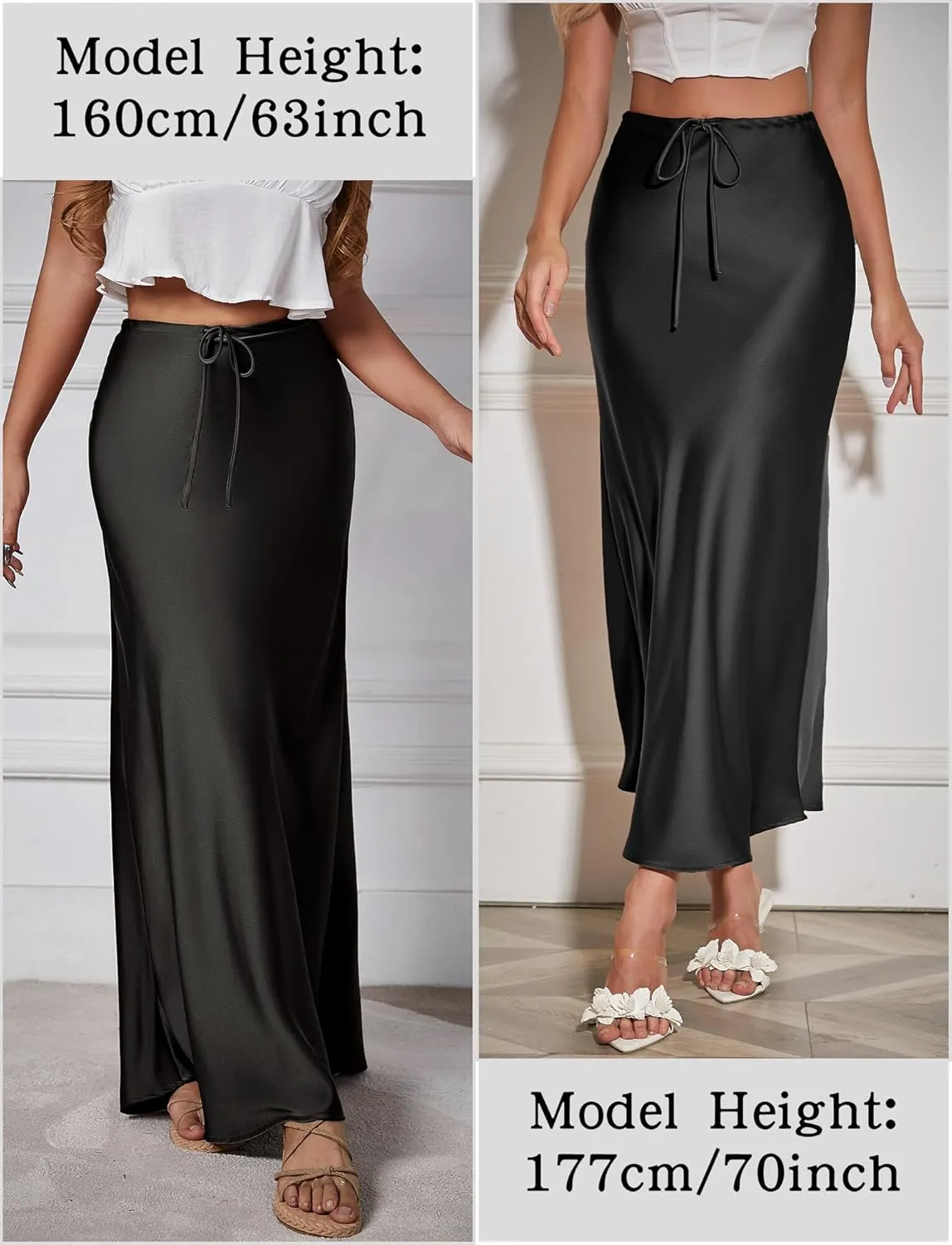 FEOYA Womens Satin Silky Maxi Skirt High Waist A Line Elegant Flowy Mermaid Hem Drawstring Wedding Party Club Spring Skirt