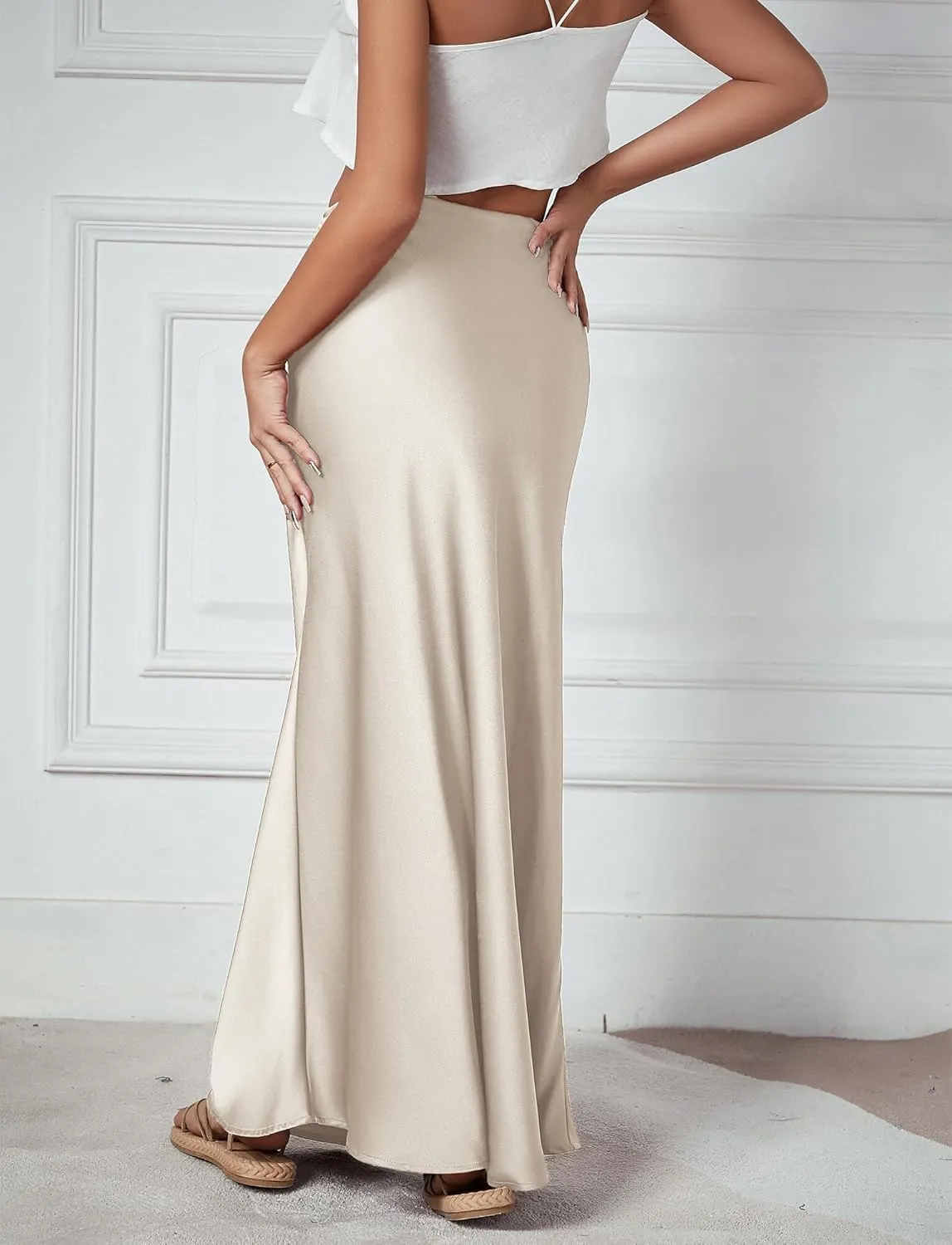 FEOYA Womens Satin Silky Maxi Skirt High Waist A Line Elegant Flowy Mermaid Hem Drawstring Wedding Party Club Spring Skirt