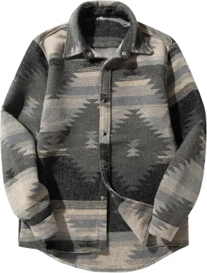 FindThy Mens Brushed Flannel Shirts Ethnic Aztec Print Button Up Lapel Tribal Shirt Jacket Shacket