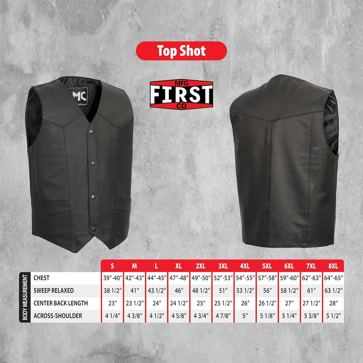 First Mfg Co - Top Shot - Men's Motorcycle Biker Riding Black Leather Vest