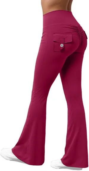 Flare Leggings for Women Scrunch Workout Gym Butt Lifting Gym Yoga Pants Sports Tights Tummy Control Trousers with Pocket