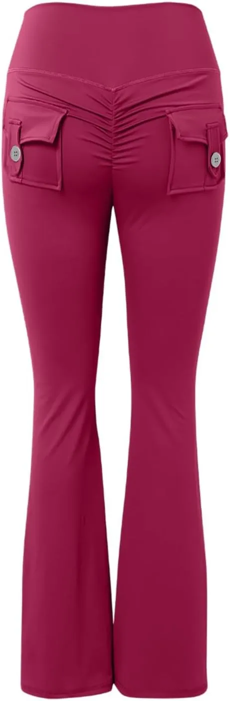 Flare Leggings for Women Scrunch Workout Gym Butt Lifting Gym Yoga Pants Sports Tights Tummy Control Trousers with Pocket