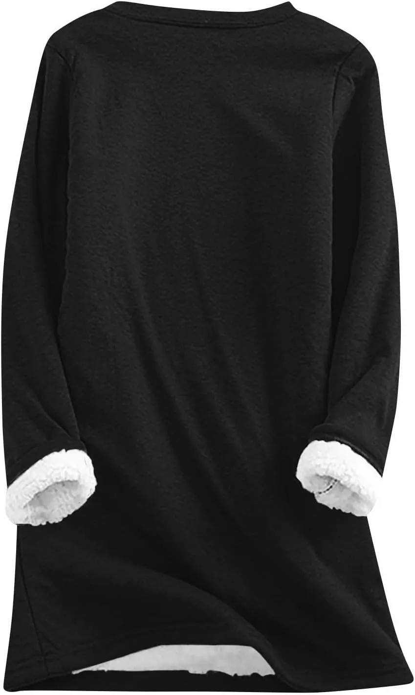 Fleece Sweatshirts for Women Sherpa Lined Casual Loose Funny Sayings Tee Pullover Solid Color Comfy Cute Underwear