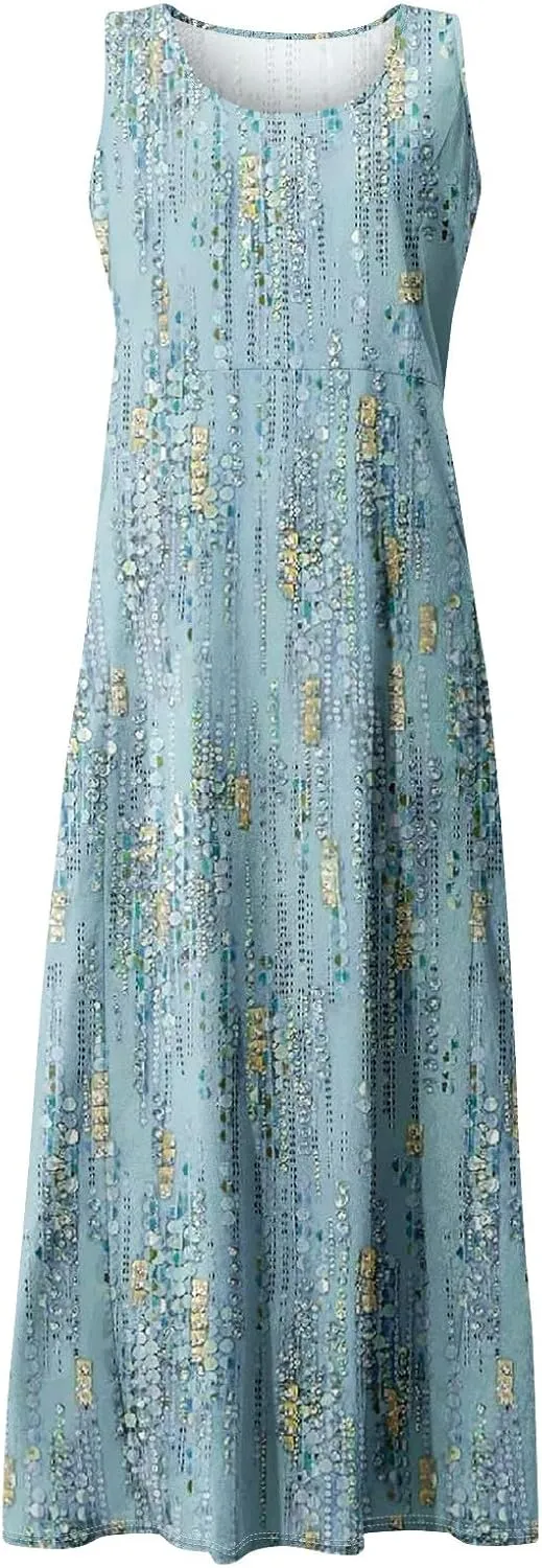 FlekmanArt Womens Summer Dresses Beach Long Dress Sleeveless Elegant Flowy Dresses Plus Size Loose Dress with Pockets