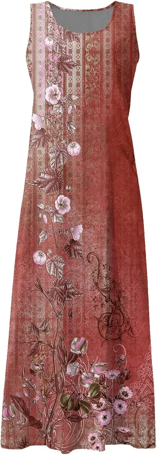 FlekmanArt Womens Summer Dresses Beach Long Dress Sleeveless Elegant Flowy Dresses Plus Size Loose Dress with Pockets
