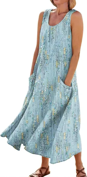 FlekmanArt Womens Summer Dresses Beach Long Dress Sleeveless Elegant Flowy Dresses Plus Size Loose Dress with Pockets