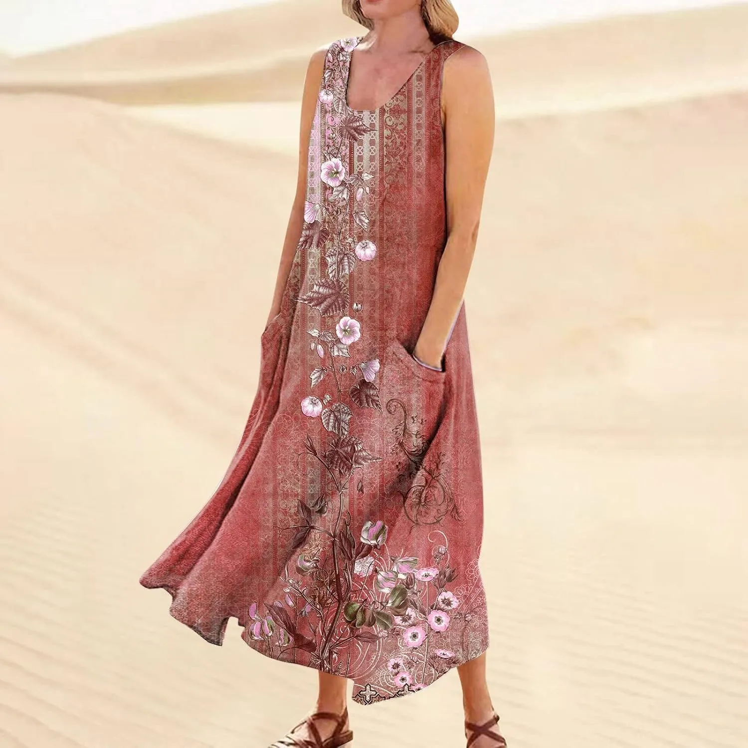 FlekmanArt Womens Summer Dresses Beach Long Dress Sleeveless Elegant Flowy Dresses Plus Size Loose Dress with Pockets