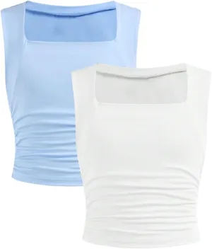 Floerns Girl's 2 Pcs Sleeveless Shirts Square Neck Solid Ruched Tank Top