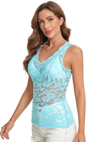 Floerns Women's Contrast Lace Sleeveless Scalloped Hem V Neck Sheer Tank Top