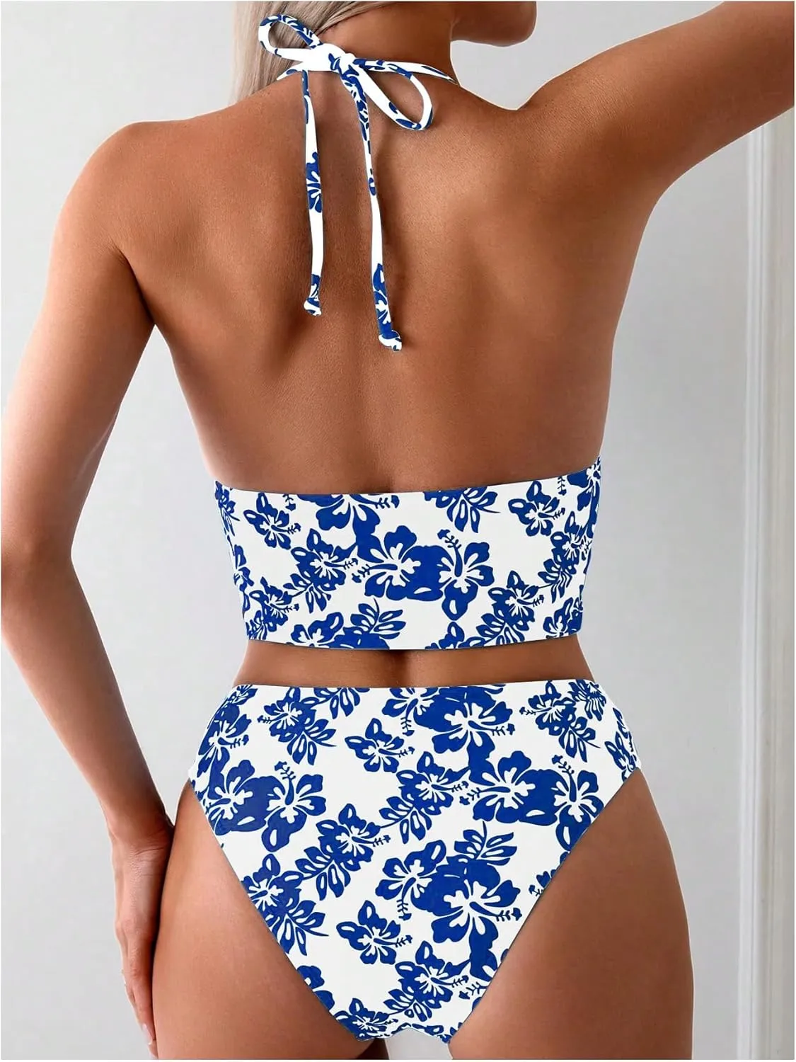 Floerns Women's Floral Print Halter Neck Tankini Top Two Piece Bathing Swimsuit