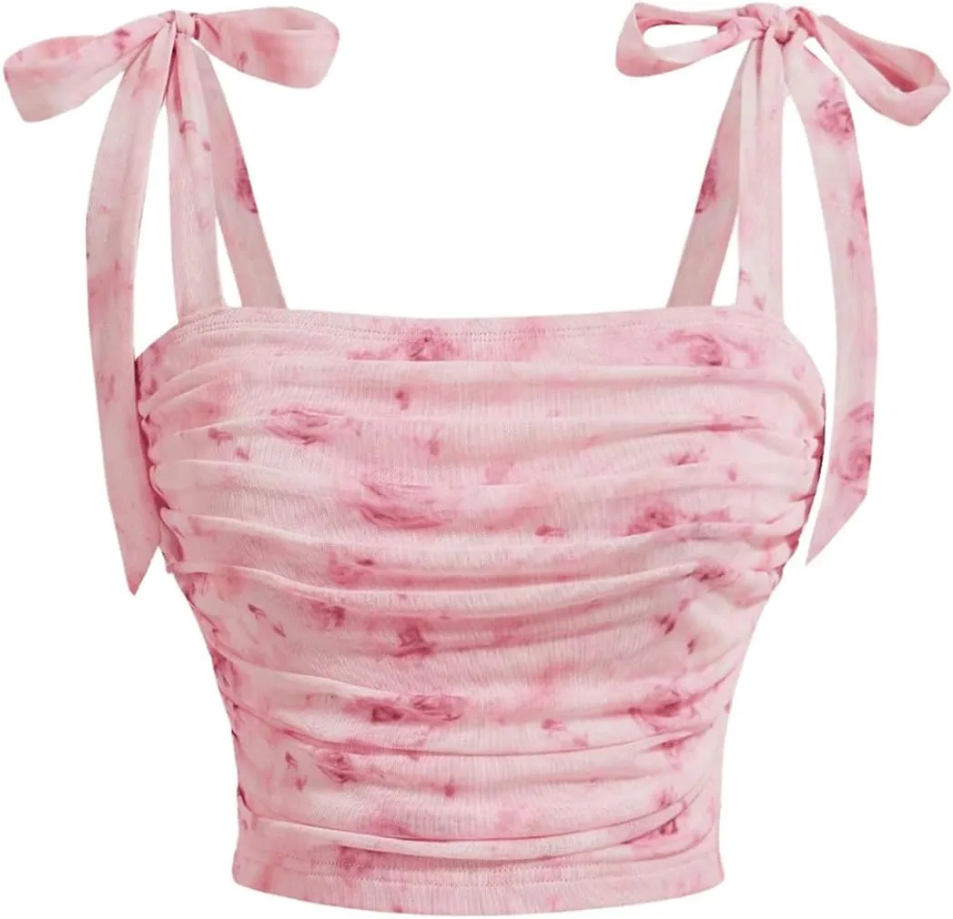 Floerns Women's Floral Print Ruched Camisole Tie Shoulder Sleeveless Crop Cami Top