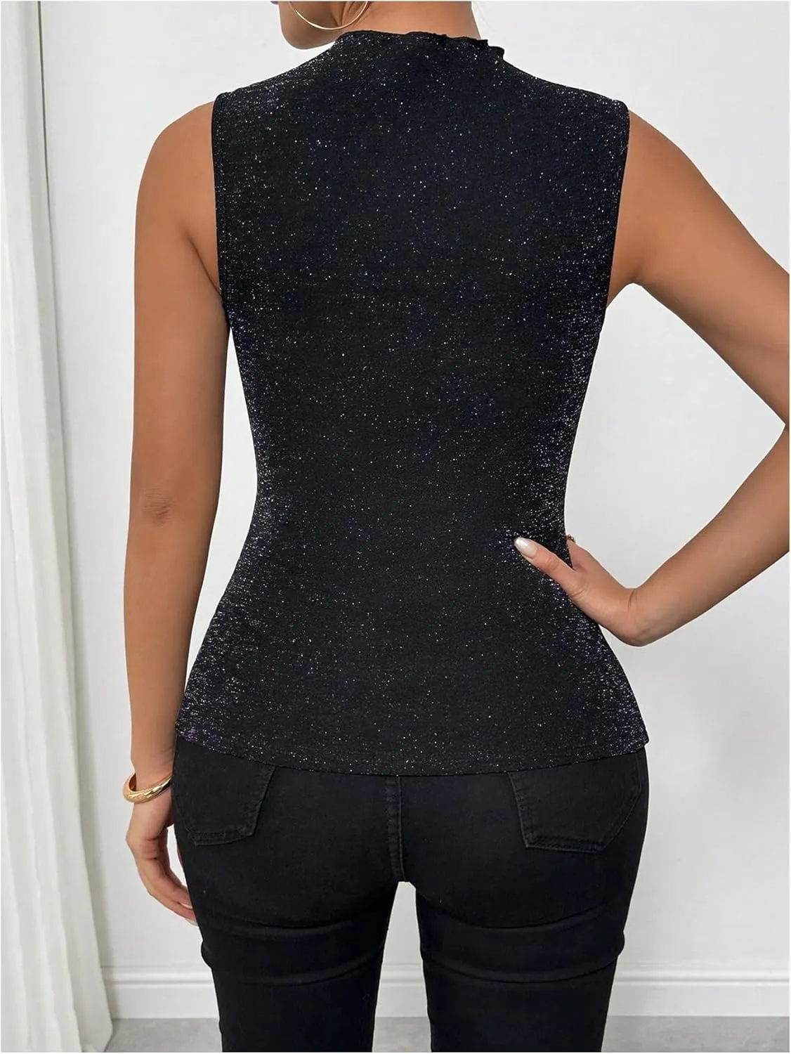 Floerns Women's Glitter Sleeveless Tank Top Contrast Mesh Crew Neck Party Camisole