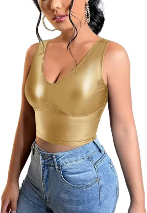 Floerns Women's PU Leather V Neck Solid Sleeveless Camisole Crop Tank Top