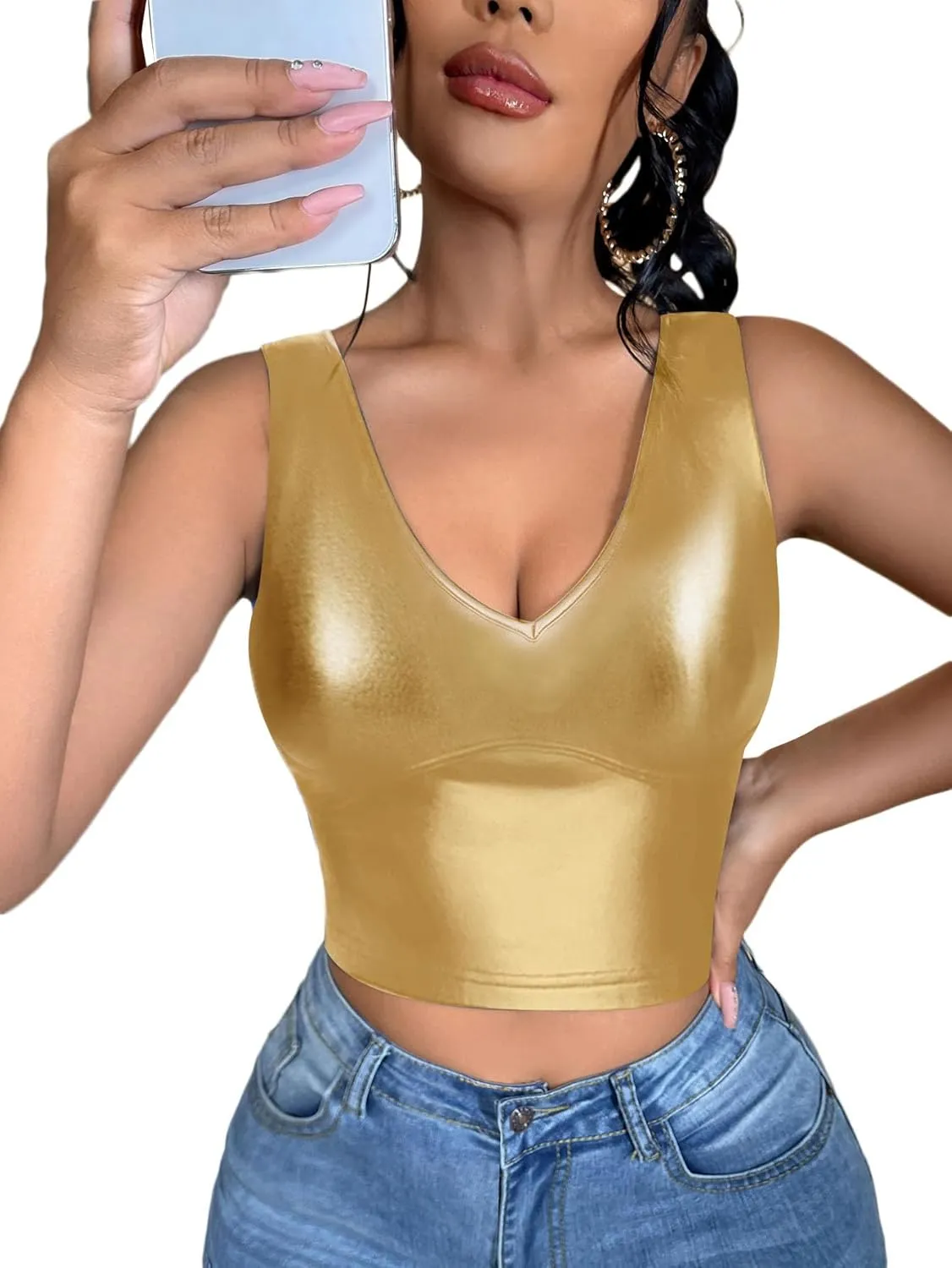 Floerns Women's PU Leather V Neck Solid Sleeveless Camisole Crop Tank Top