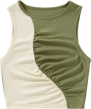 Floerns Women's Sleeveless Rib Knit Camisole Colorblock Round Neck Crop Tank Top
