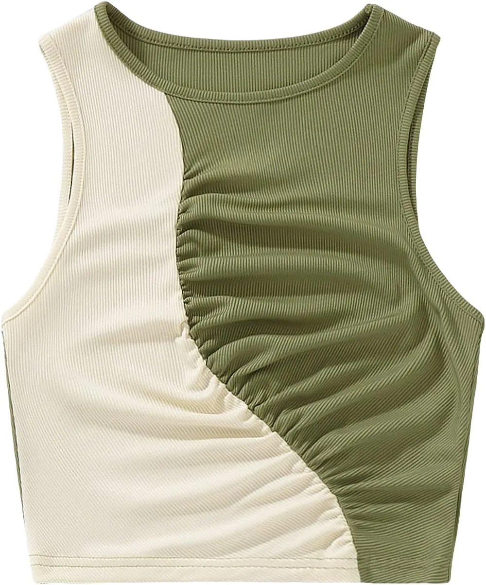 Floerns Women's Sleeveless Rib Knit Camisole Colorblock Round Neck Crop Tank Top