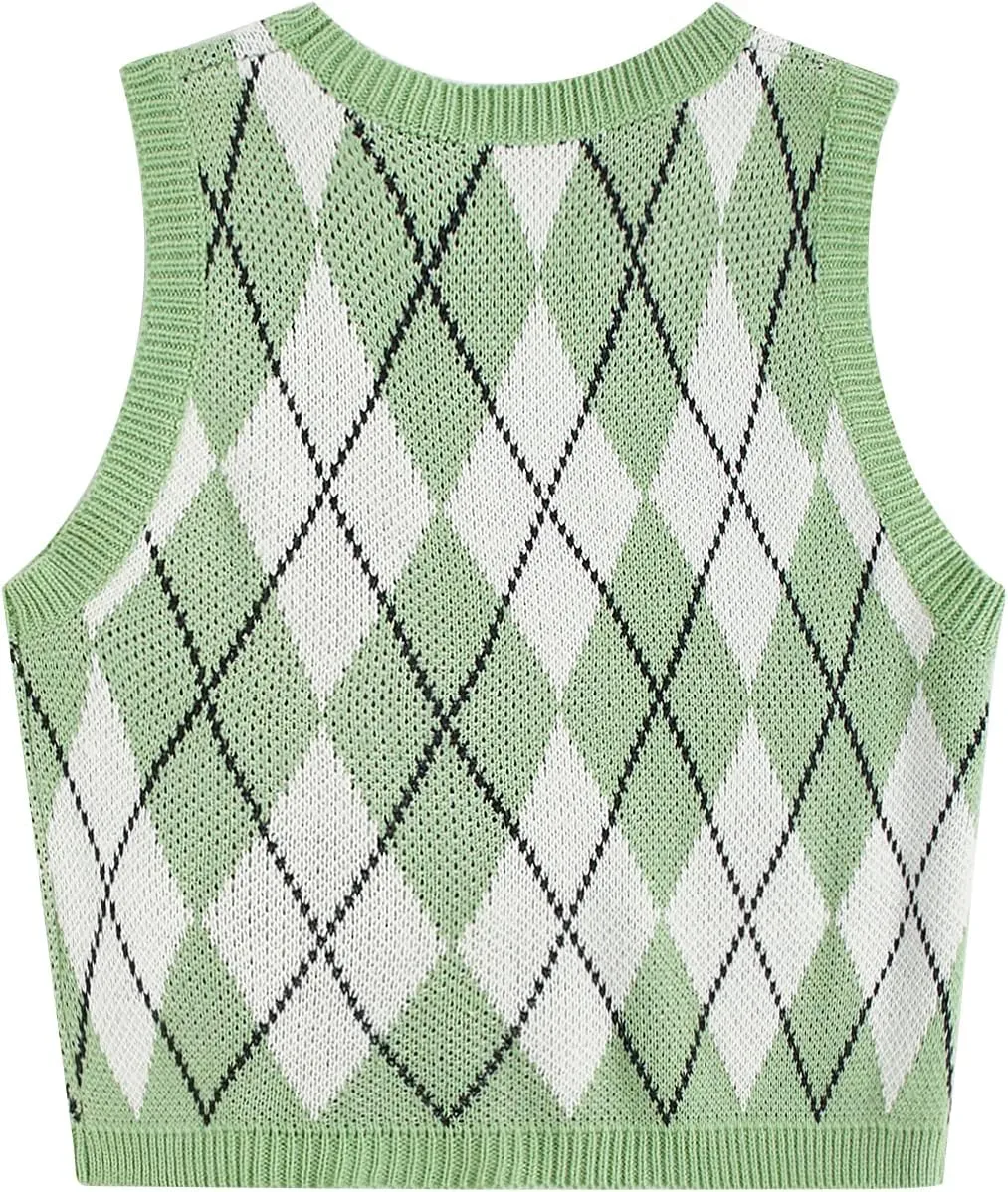 Floerns Women's Sleeveless Round Neck Argyle Pattern Sweater Vest Knit Crop Top