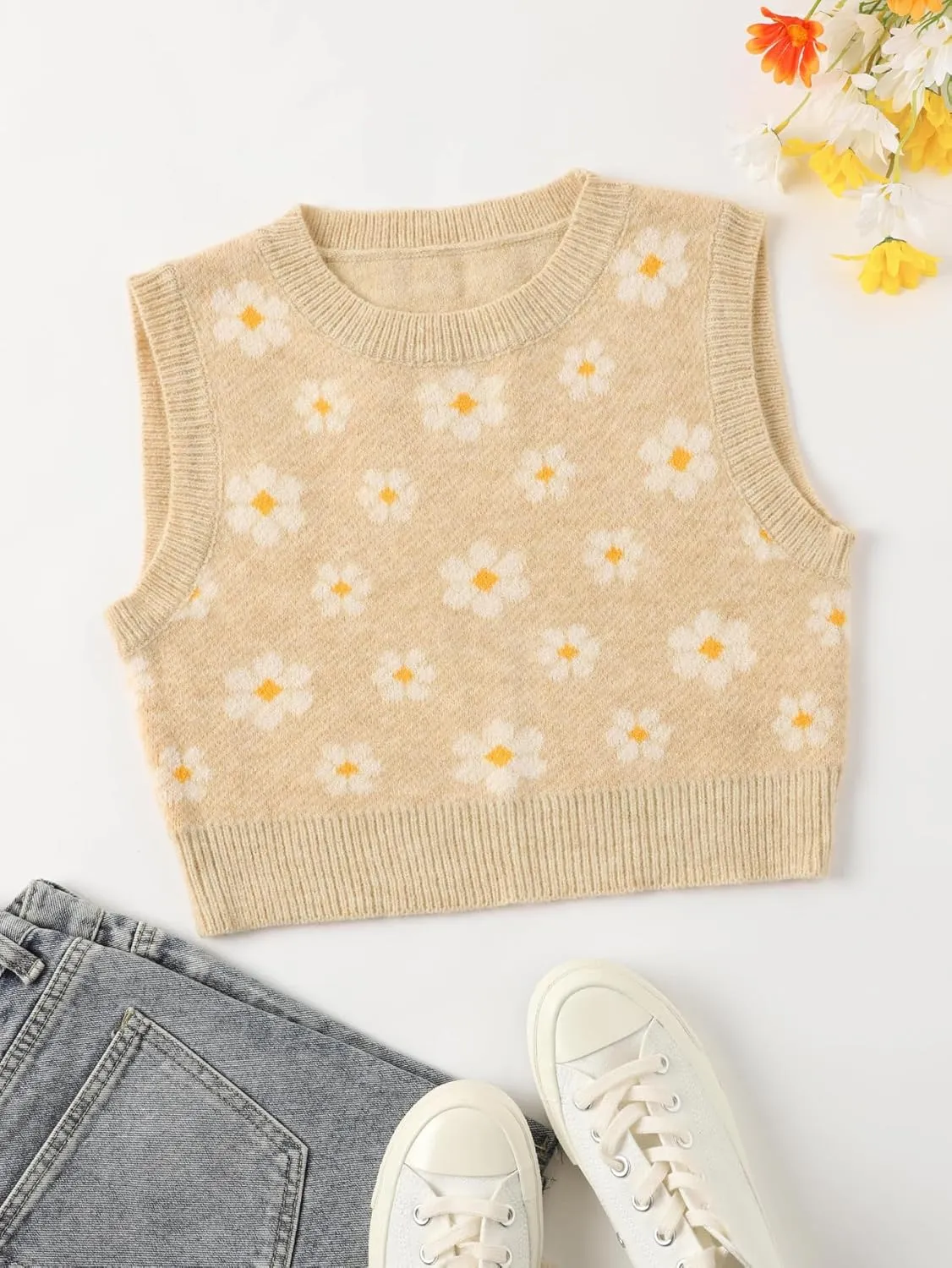 Floerns Women's Sleeveless Round Neck Argyle Pattern Sweater Vest Knit Crop Top