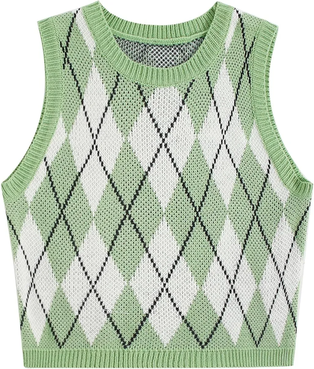 Floerns Women's Sleeveless Round Neck Argyle Pattern Sweater Vest Knit Crop Top