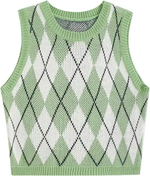 Floerns Women's Sleeveless Round Neck Argyle Pattern Sweater Vest Knit Crop Top