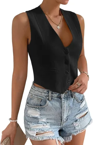 Floerns Women's Solid Sleeveless Button Front V Neck Vest Waistcoat Crop Top
