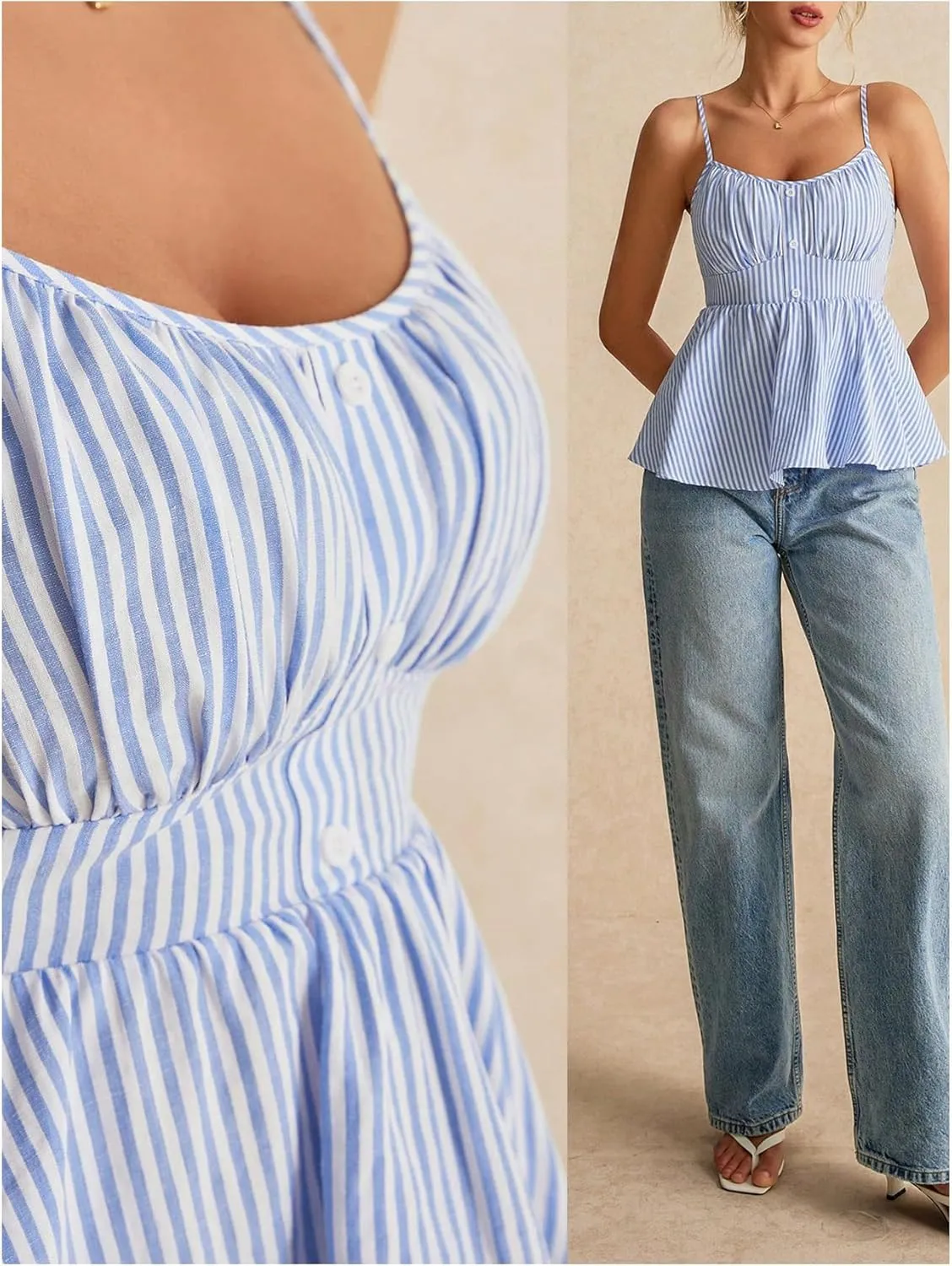 Floerns Women's Striped Sleeveless Peplum Cami Top Ruffle Hem Ruched Bust Camisole