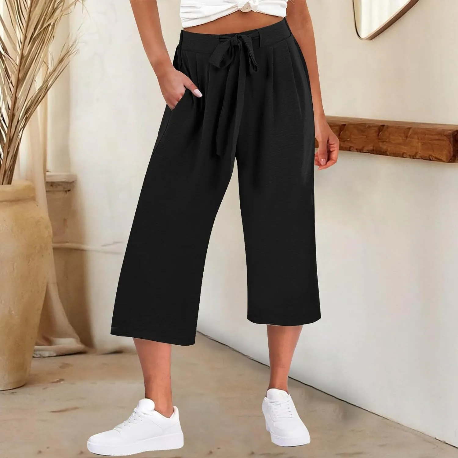 Flowy Linen Cropped Pants Women Beach Wide Leg Tie Knot Palazzo Pants Summer Dressy Business High Waisted 3/4 Trouser