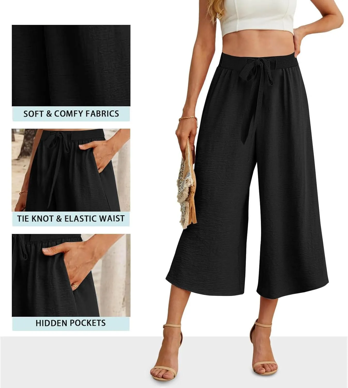 Flowy Linen Cropped Pants Women Beach Wide Leg Tie Knot Palazzo Pants Summer Dressy Business High Waisted 3/4 Trouser