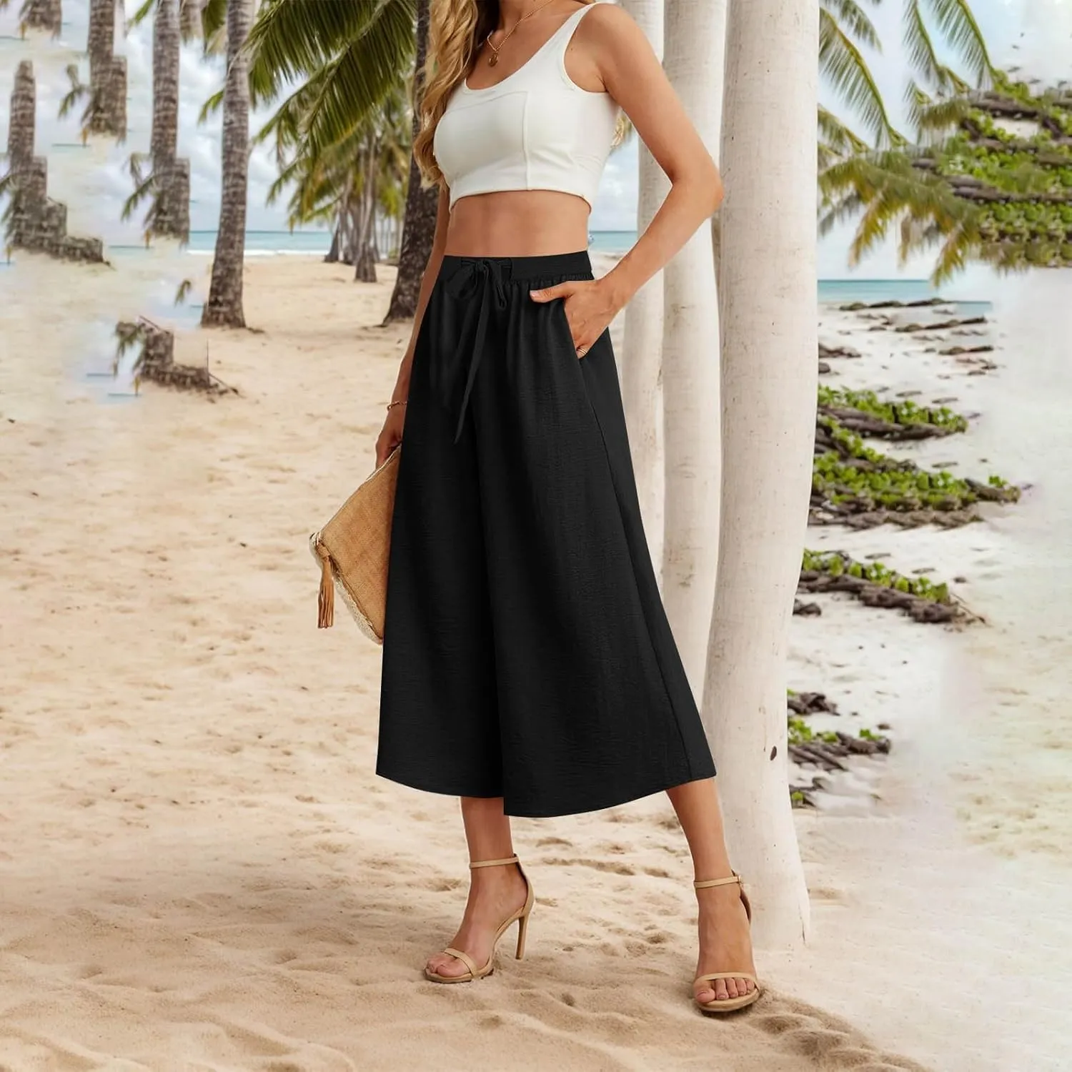 Flowy Linen Cropped Pants Women Beach Wide Leg Tie Knot Palazzo Pants Summer Dressy Business High Waisted 3/4 Trouser