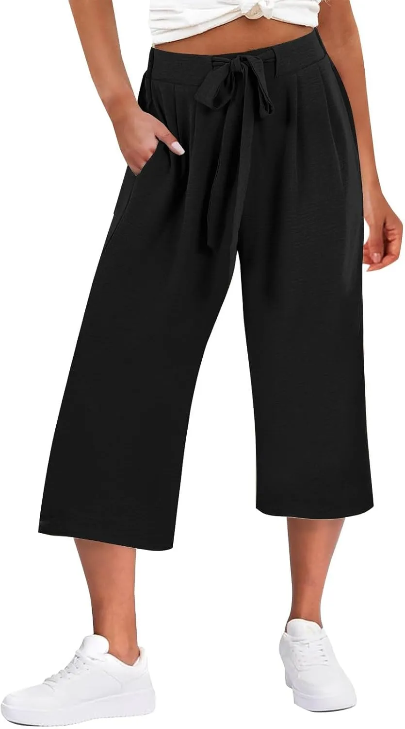 Flowy Linen Cropped Pants Women Beach Wide Leg Tie Knot Palazzo Pants Summer Dressy Business High Waisted 3/4 Trouser
