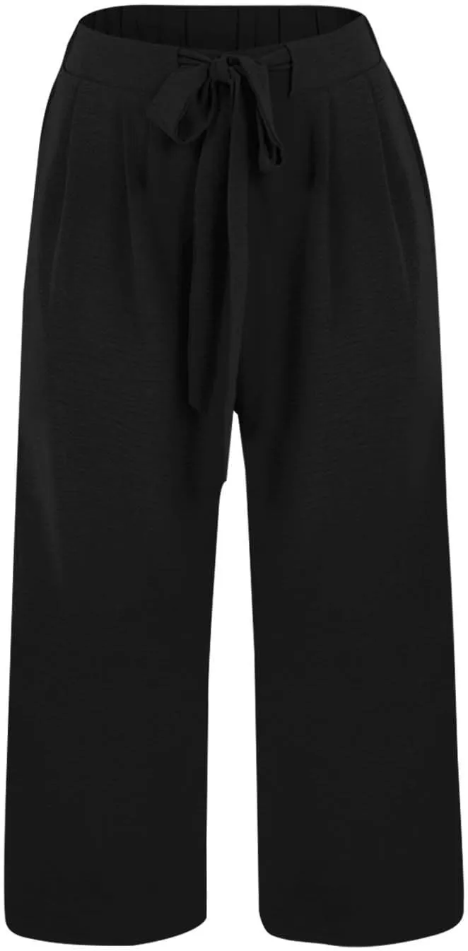 Flowy Linen Cropped Pants Women Beach Wide Leg Tie Knot Palazzo Pants Summer Dressy Business High Waisted 3/4 Trouser