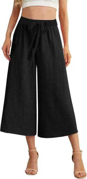 Flowy Linen Cropped Pants Women Beach Wide Leg Tie Knot Palazzo Pants Summer Dressy Business High Waisted 3/4 Trouser