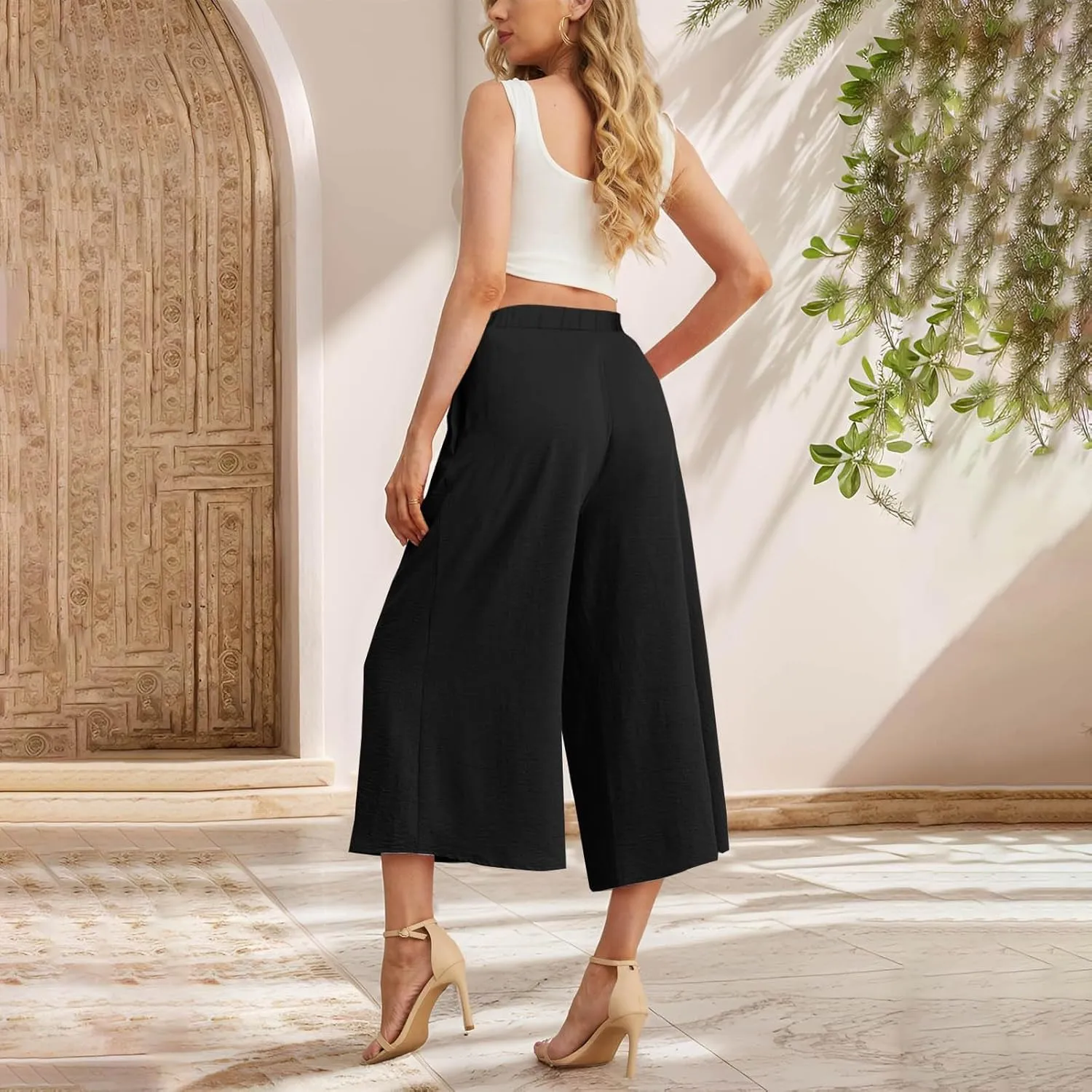 Flowy Linen Cropped Pants Women Beach Wide Leg Tie Knot Palazzo Pants Summer Dressy Business High Waisted 3/4 Trouser