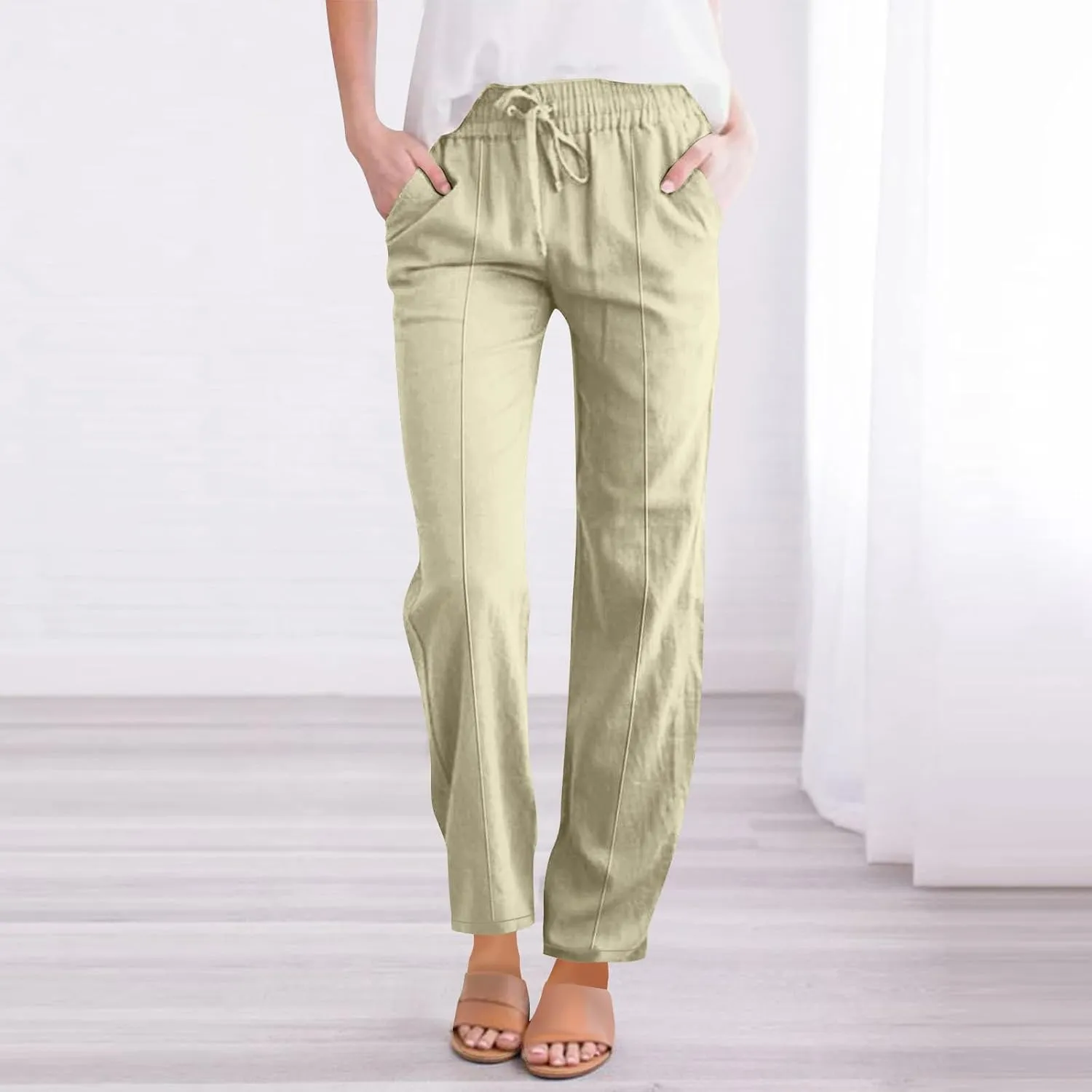 Flowy Linen Pants for Women Casual Solid Color Straight Leg Pants Summer Comfort Drawstring Trousers 2025