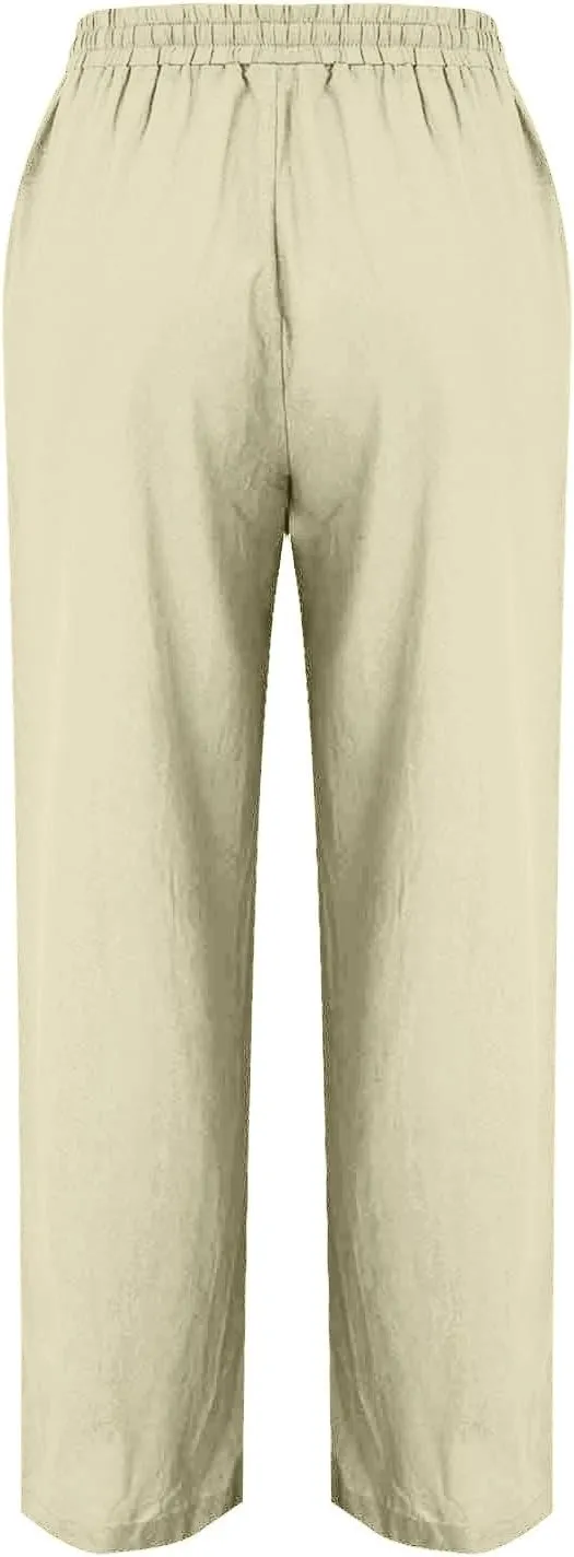 Flowy Linen Pants for Women Casual Solid Color Straight Leg Pants Summer Comfort Drawstring Trousers 2025