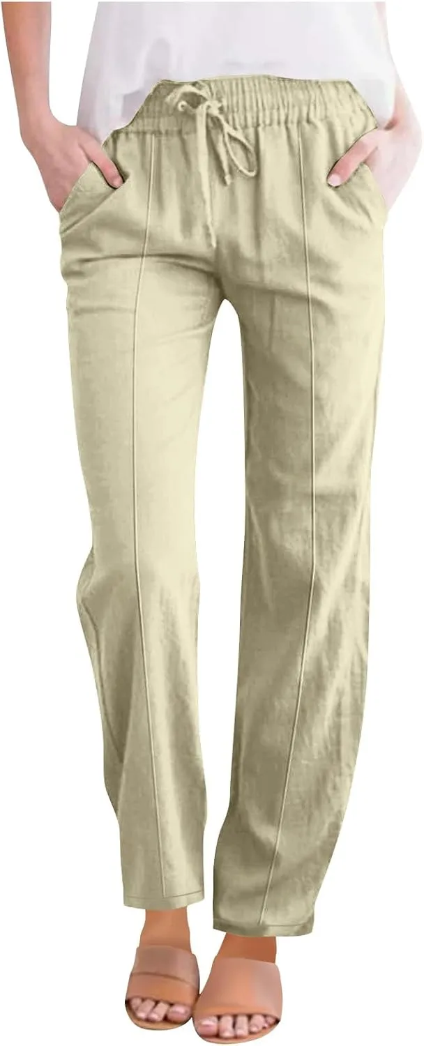 Flowy Linen Pants for Women Casual Solid Color Straight Leg Pants Summer Comfort Drawstring Trousers 2025